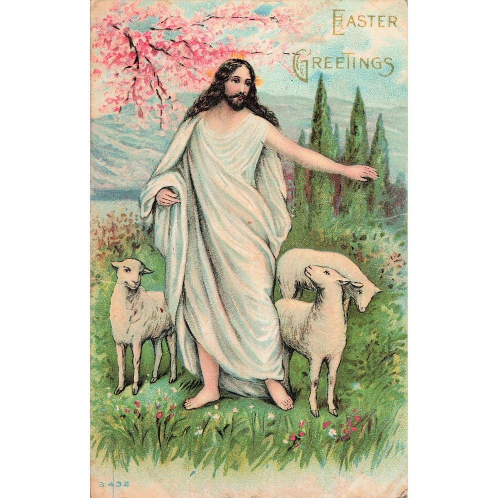 Vintage Easter Greetings Postcard Jesus Good Shepherd Lambs Litho 1915 Oswego NY - Picture 1 of 2